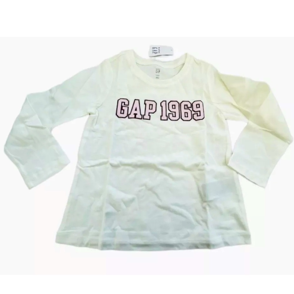 GAP Logo Long Sleeve Shirt Toddler Girls, White/Pink, NEW